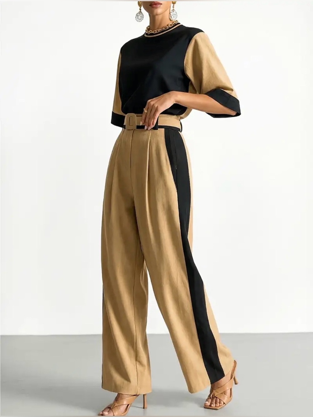 Colorblock Wide-Leg Pants & Top Set in Tan and Black
